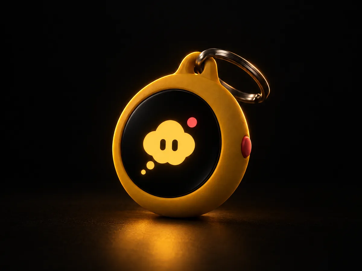 Concept image of a small round yellow keychain with a black screen showing the cloud mascot.