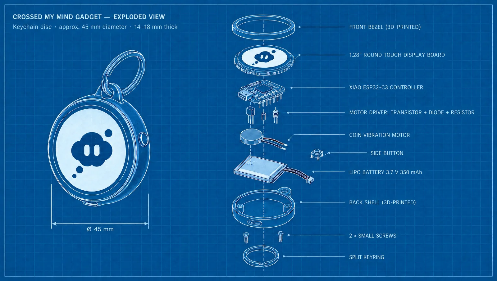 Blueprint drawing of the keychain taken apart: front bezel, round touch display, controller board, vibration motor, side button, battery, back shell, screws and keyring.