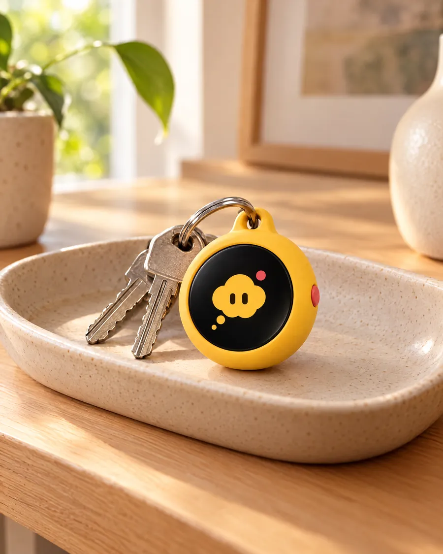 Concept image of the keychain on a set of house keys in a tray by the door.